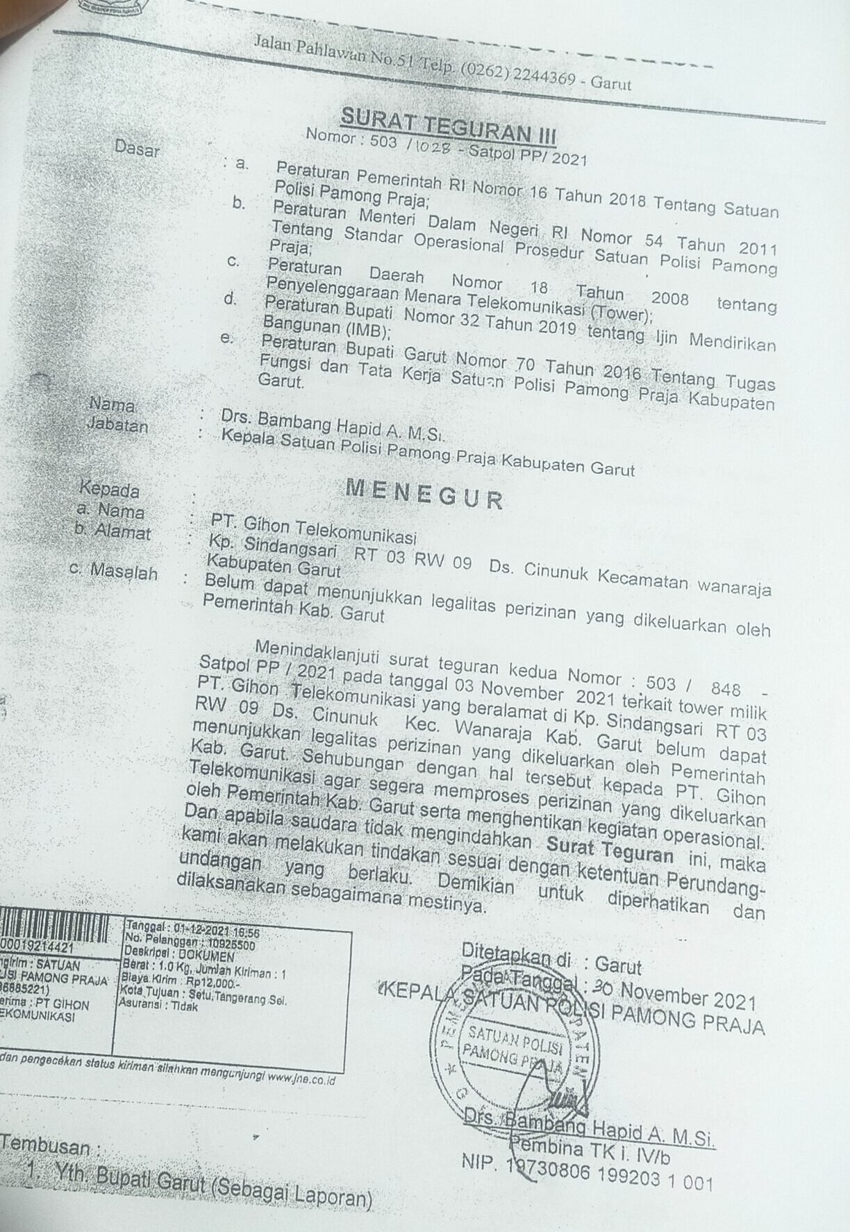 Surat Teguran ke III dari pihak Satpol PP Kabupaten Garut kepada pihak perusahaan telekomunikasi. (Ft: dok) Dua Tower BTS Tanpa Izin Bermasalah Berdiri di Atas LP2B