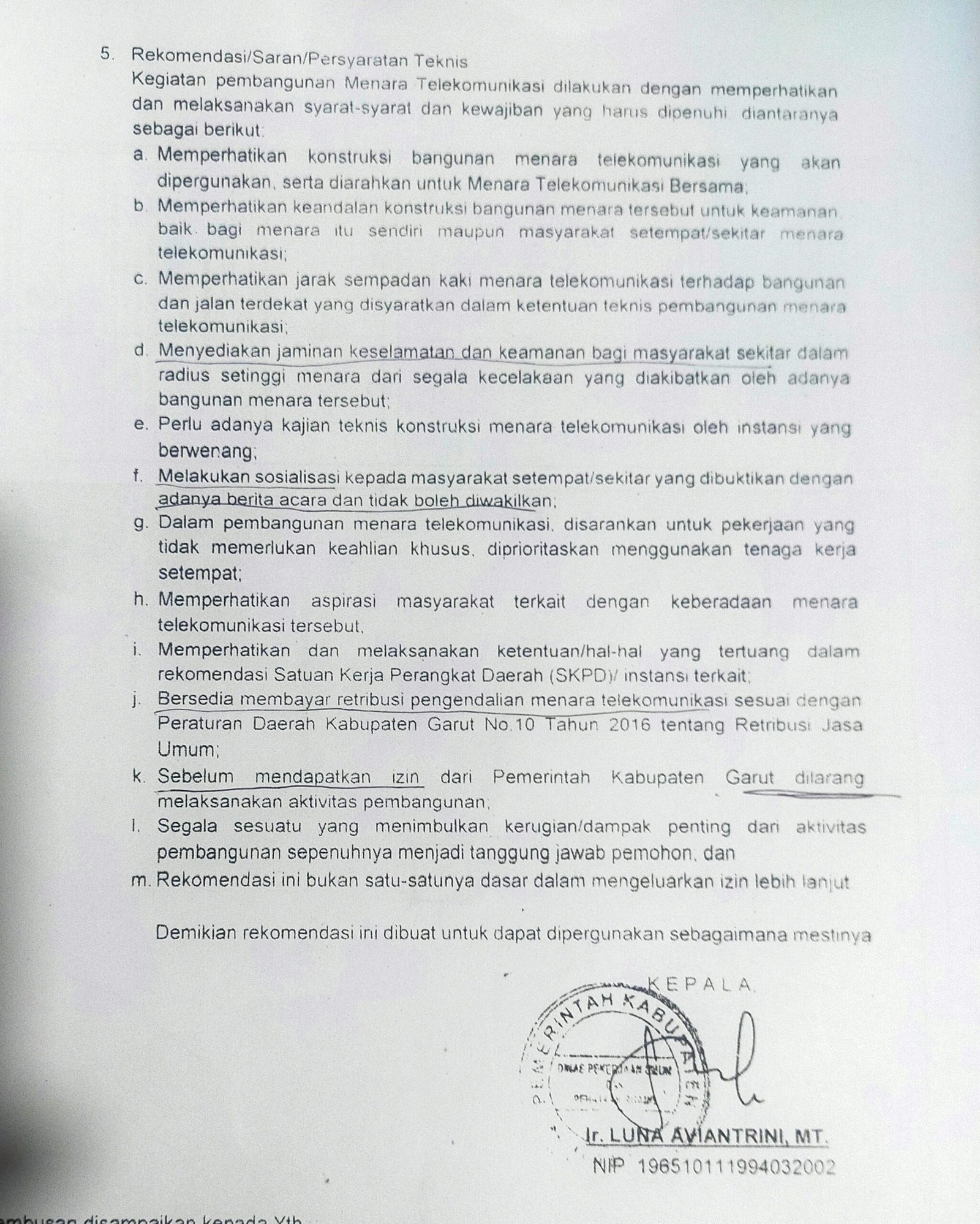 Rekomendasi/Saran/ Prasyarat Teknis yang dilayangkan Dinas PUPR kepada pihak perusahaan telekomunikas