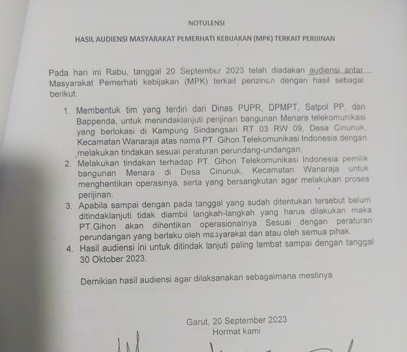 Dua Tower BTS Tanpa Izin Bermasalah Berdiri di Atas LP2B 4. Dokumen hasil audensi antara MPK dan Pemkab Garut