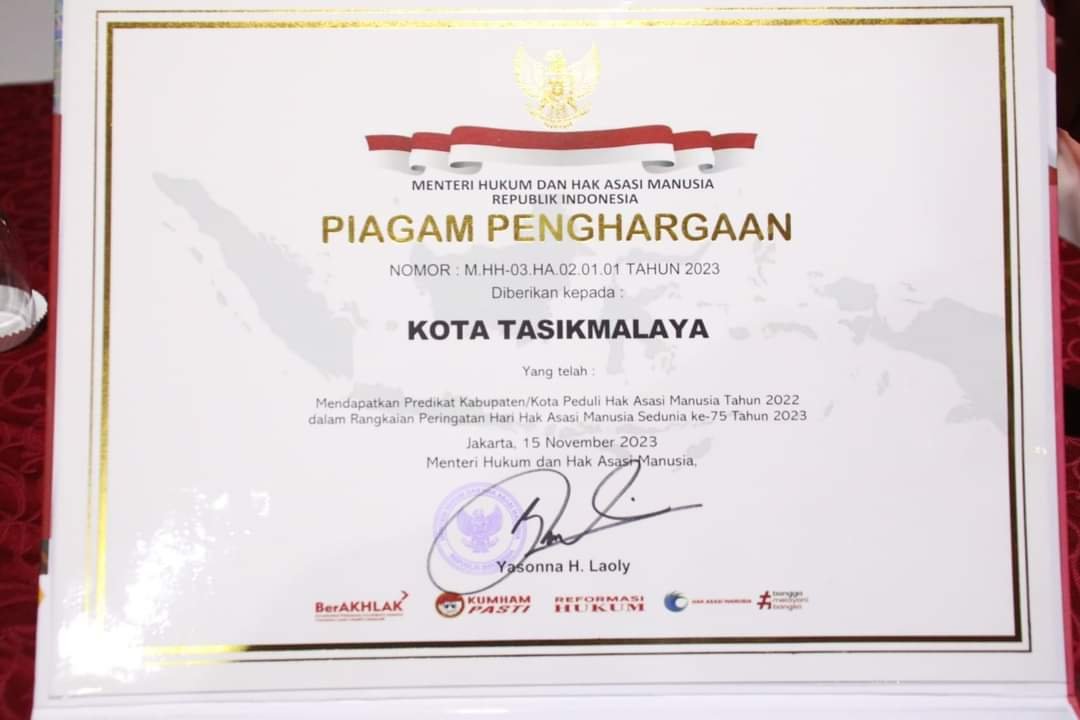 Membanggakan! Untuk ke 10 Kalinya, Kota Tasikmalaya Terima Penghargaan Kota Peduli HAM