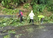 Polsek Cikajang Evakuasi Material Tumpahan Tanah Longsor yang Menutupi Jalan