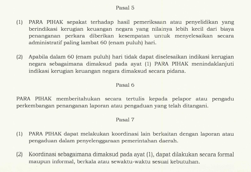 Bunyi Pasal 5 Nomor 1 Tahun 2025 tentang MoU antara Mendagri, Kejagung dan Kapolri. MoU ini dianggap tidak sesuai dengan amanat UU Tipikor No. 31 Tahun 1999 tentang Tipikor. Bahkan, pada dugaan korupsi Jogging Track nilai yang harus dikembalikan oleh CV Rajasa ke kas daerah nilainya lebih dari Rp 313 juta dan bukti pengembalian ke kas negara lebih dari 60 hari jika dilihat dari hasil rekomendasi LHA Investigasi Inspektorat Garut. (Ft: dok)