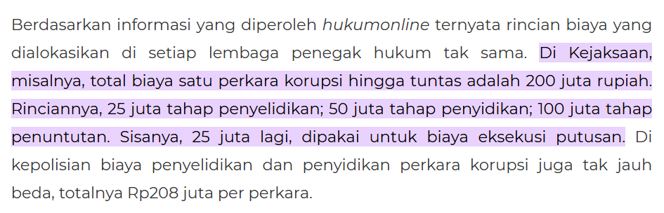 Penanganan Biaya Perkara Korupsi yang disampaikan Kejagung tahun 2016 yang dilansir di media online Hukum Online. (Ft: screen shoot hukum Online)