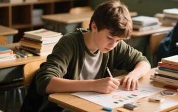 Anak sekolah sedang ngerakan pr