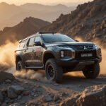 A rugged mitsubishi pajero sport dakar 2025 climbing a steep rocky mountain trail