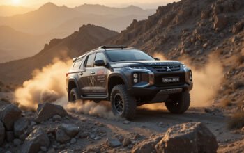 A rugged mitsubishi pajero sport dakar 2025 climbing a steep rocky mountain trail