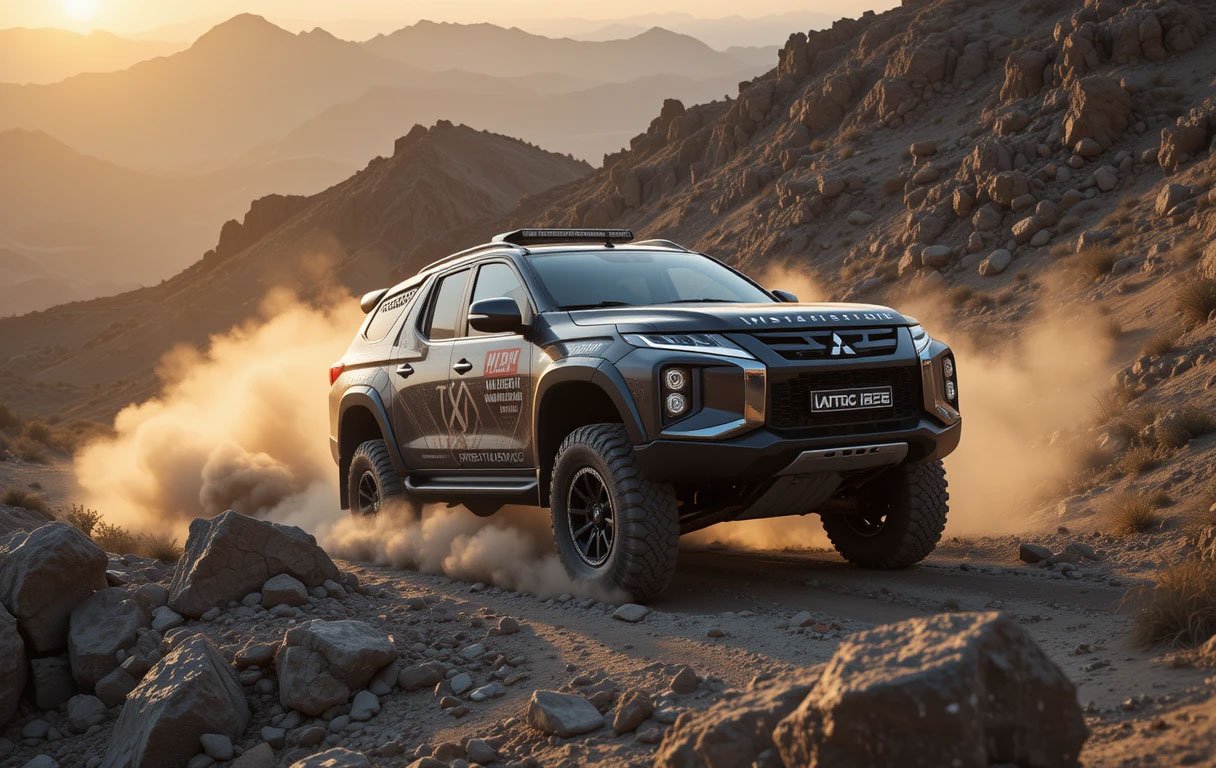 A rugged mitsubishi pajero sport dakar 2025 climbing a steep rocky mountain trail