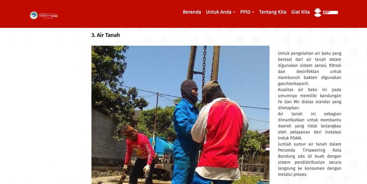 Salah satu kegiatan Perumda Tirtawening yang diupload pada website resmi salah satu BUMD Kota Bandung tersebut. (ft: ist)