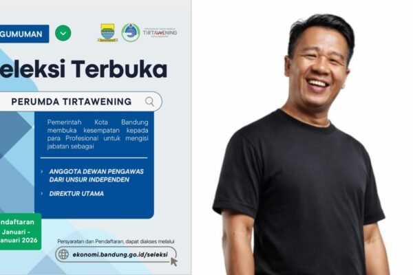 Kolase Pengumuman Pendaftaran Calon Direktur Utama dan Dewan Pengawas dari independen Peruma Tirtawening Kota Bandung dan Ketua APAK Jawa Barat, Yadi Supriadi. (ft: ist)