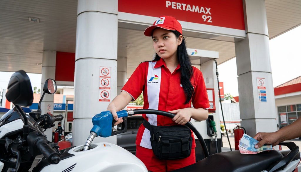 BBM Nonsubsidi Berpotensi Naik 1 AprilPetugas sedang melakukan pengisian bahan bakar ke dalam tangki kendaraan bermotor
