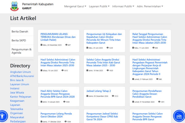 TIDAK ADA PENGUMUMAN CALON KADIS: Website resmi Pemkab Garut sampai saat ini tidak pernah menampilkan pengumuman seleksi calon kepala dinas sebagaimana amanat PP No. 11 Tahun 2017 Jo PP No. 17 Tahun 2020 tentang Manajemen Pegawai Negeri Sipil. (Ft: screenshot website Pemkab Garut).