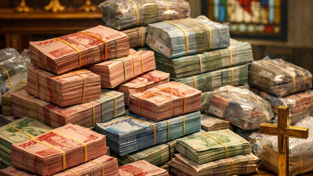 Tumpukan uang di meja gereja