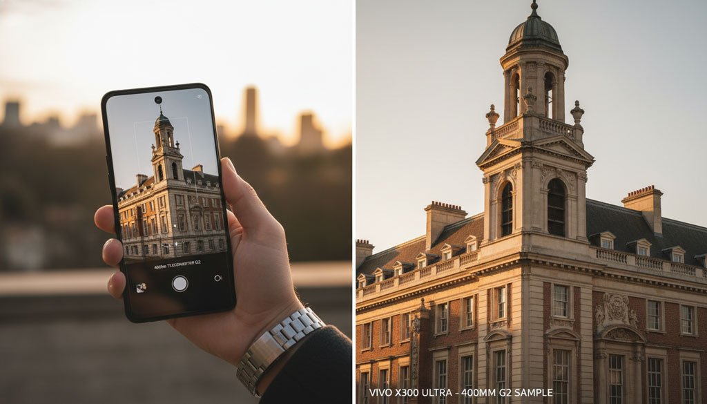 Vivo X 300 Ultra zoom visualization showing the 400mm teleconverter G2 capability