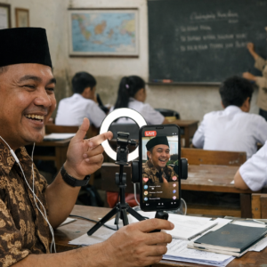 Guru sedang siaran langsung di kelas
