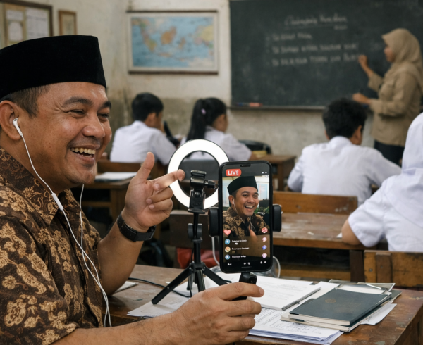 Guru sedang siaran langsung di kelas