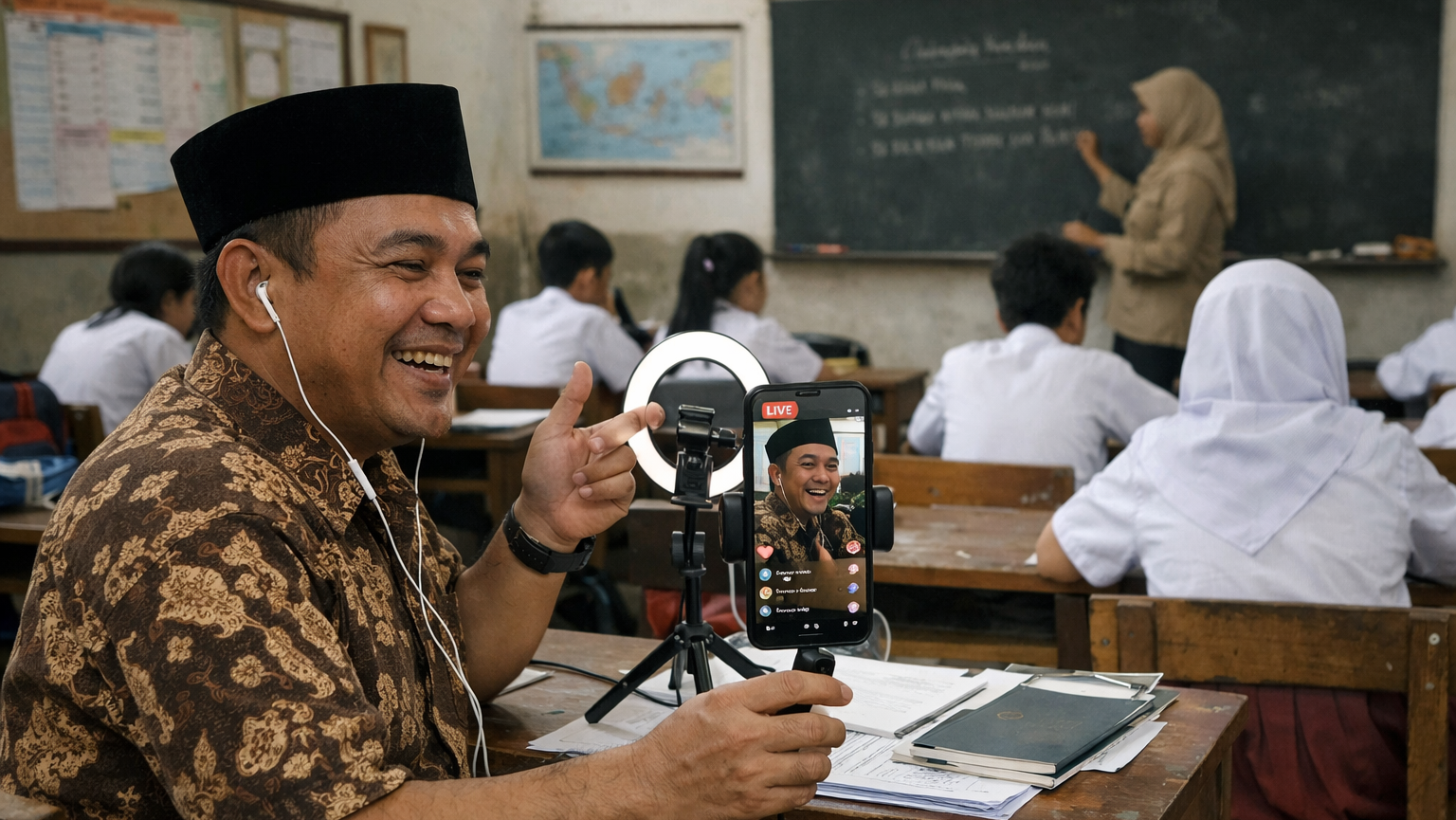 Guru sedang siaran langsung di kelas