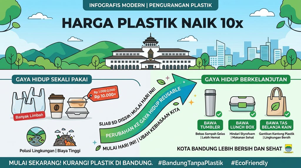 Infografis Harga Plastik Naik 10x, ikon takeaway, tumbler, lunch box, dan panah perubahan ke gaya hidup reusable