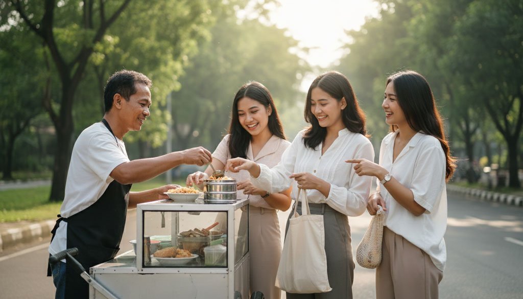 Sekelompok pembeli membawa wadah sendiri saat membeli makanan.