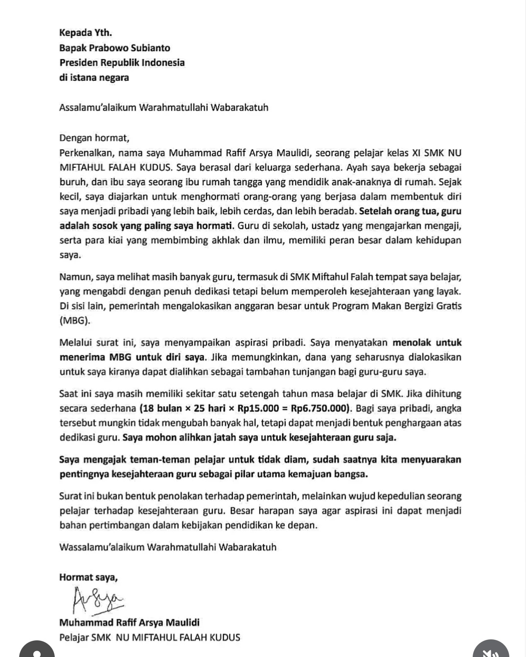Surat untuk presiden prabowo